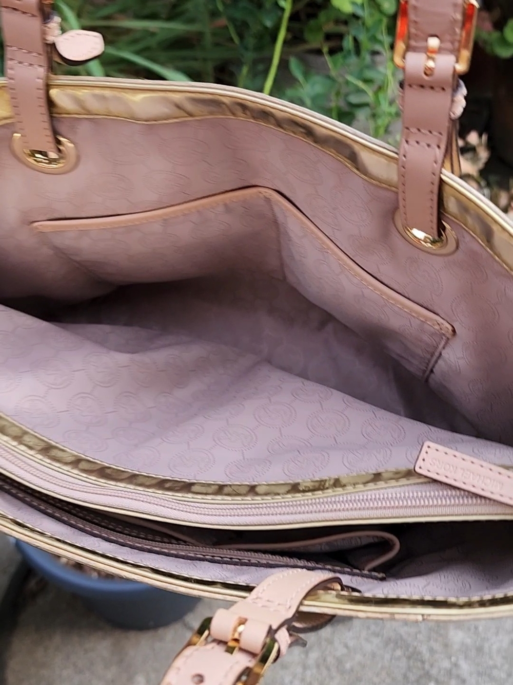 Michael Kors Gold Logo-Print Tote with Blush Handles and Fob - Picture 13 of 13